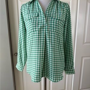 Ann Taylor Green Gingham Button-Front Blouse small petite